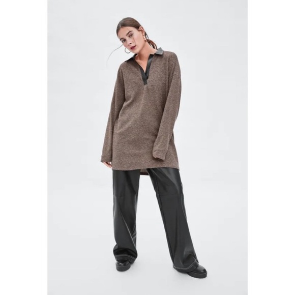 Zara Dresses & Skirts - ZARA Sweater Brown Dress Tunic with Faux Leather Black Collar Size Small